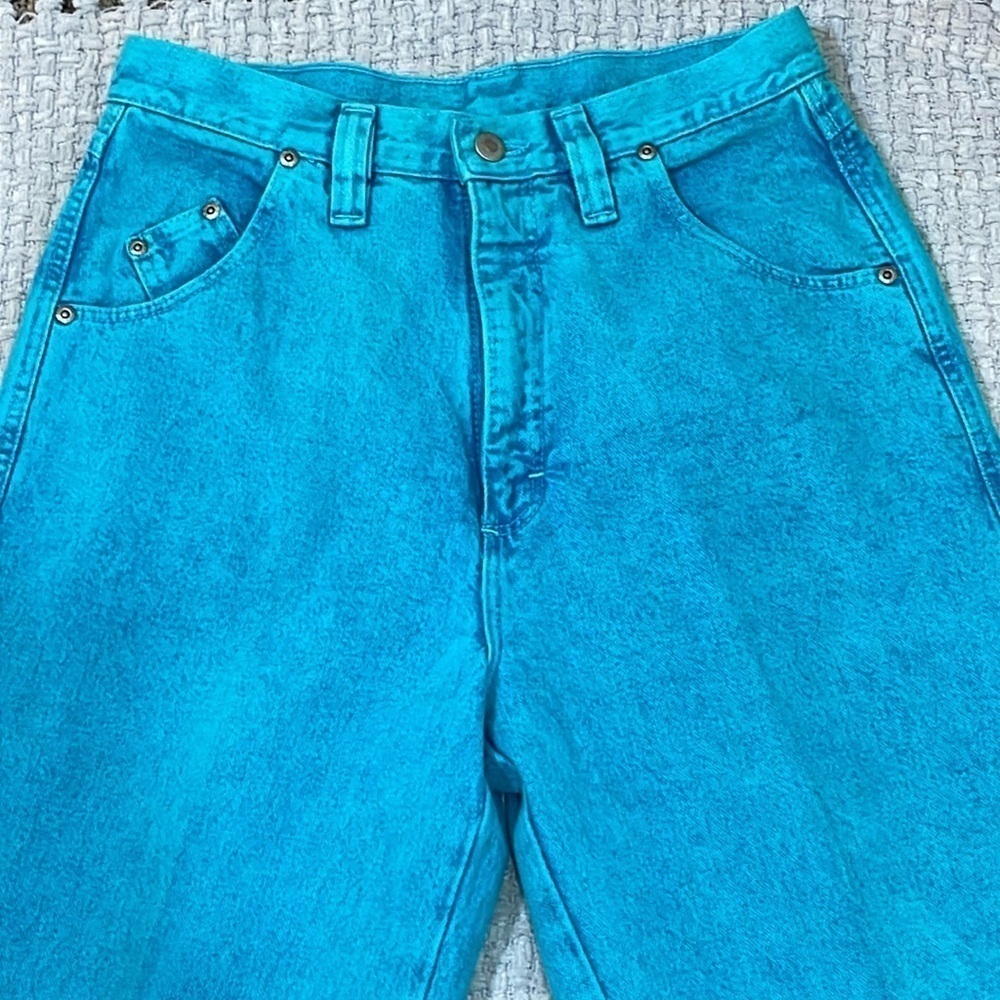 1980's Wrangler Turquoise High Rise Cowgirl Jeans Bare Back Size 11/12 - Picture 7 of 12